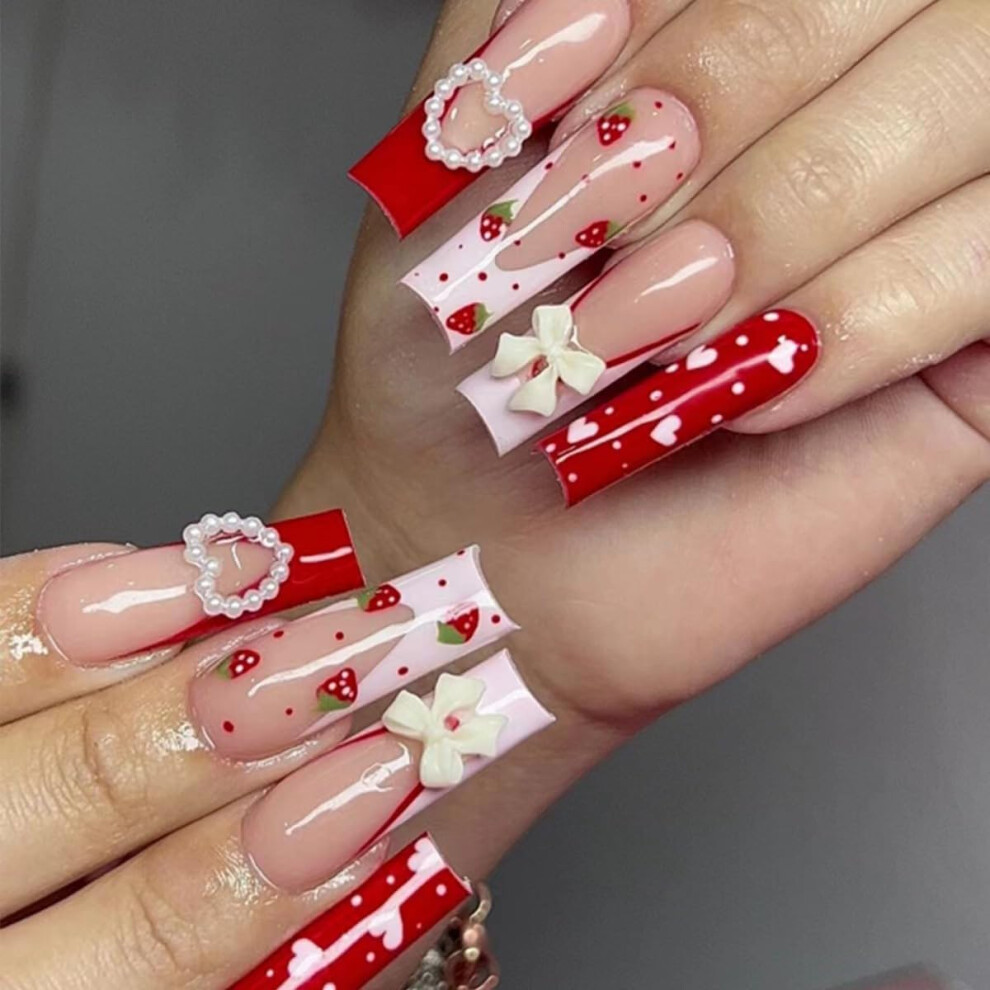 Pink,Red Valentine's Day Press On Nails Long Coffin Pink Red Hearts With Rhinestones And 3D Charms