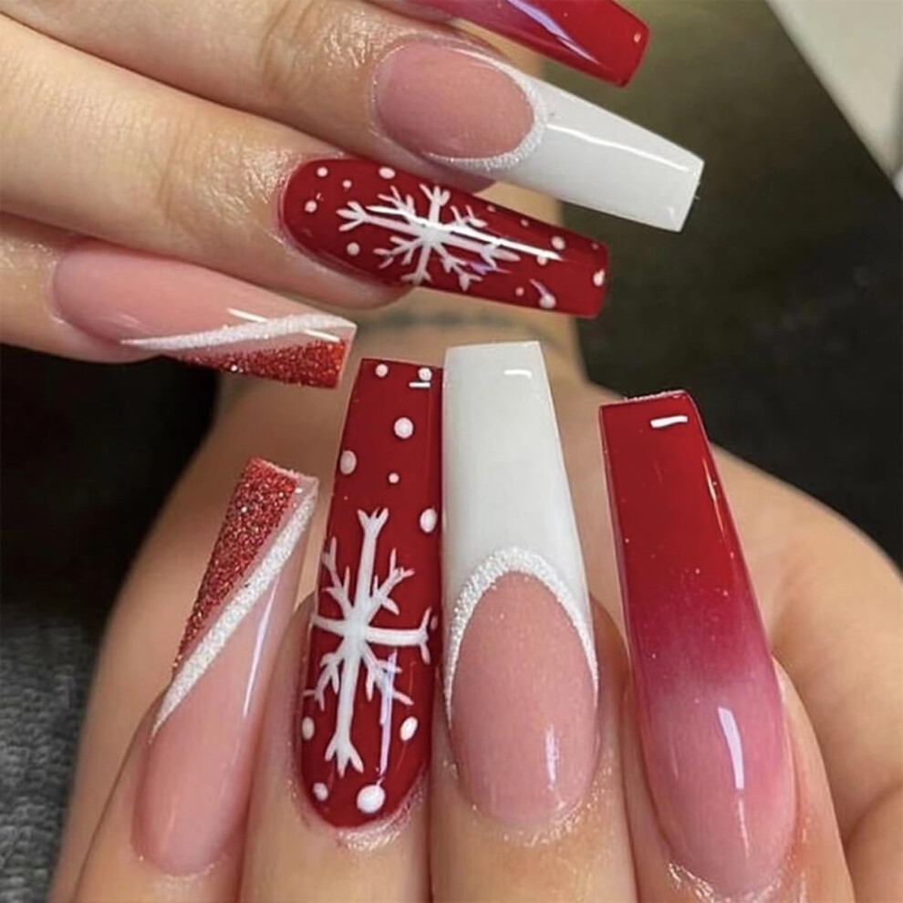 Christmas Press On Nails Long Square Glossy Coffin Fake Acrylic Nails with Snowflake Tips 24pcs