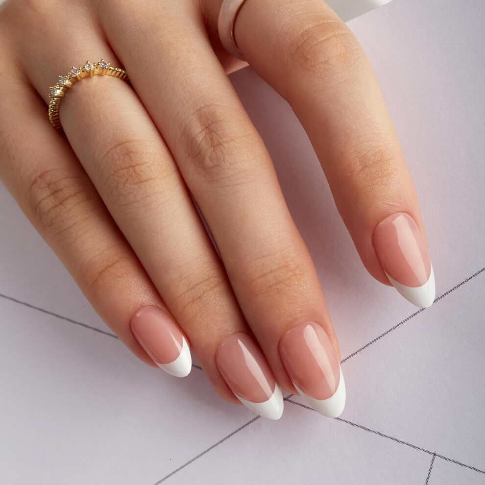 White,Cream Short Almond Press On Nails With White French Tips And Nude Glossy Acrylic Fake Nails 24Pcs