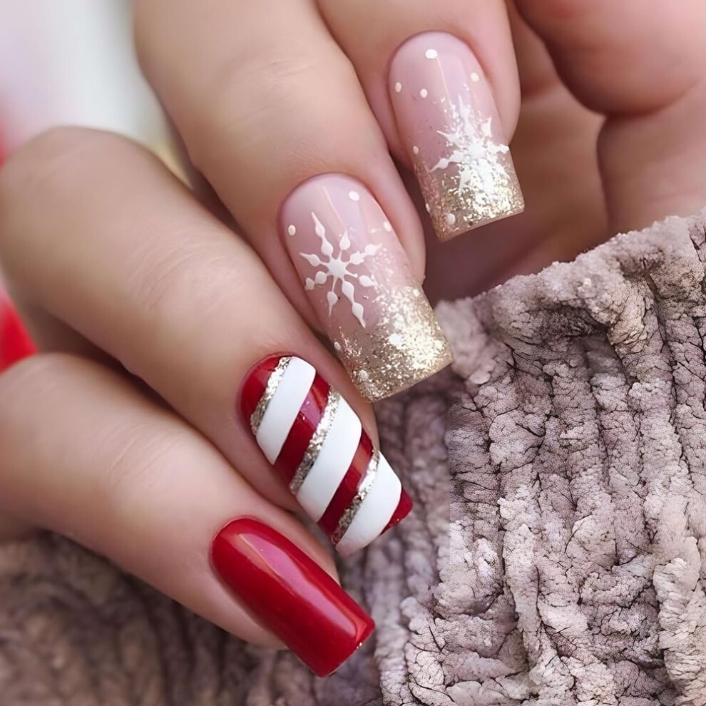 Red,Gold Christmas Press On Nails Red Square Snowflake Stripe With Gold Glitter Accents 24Pcs Glueon Set