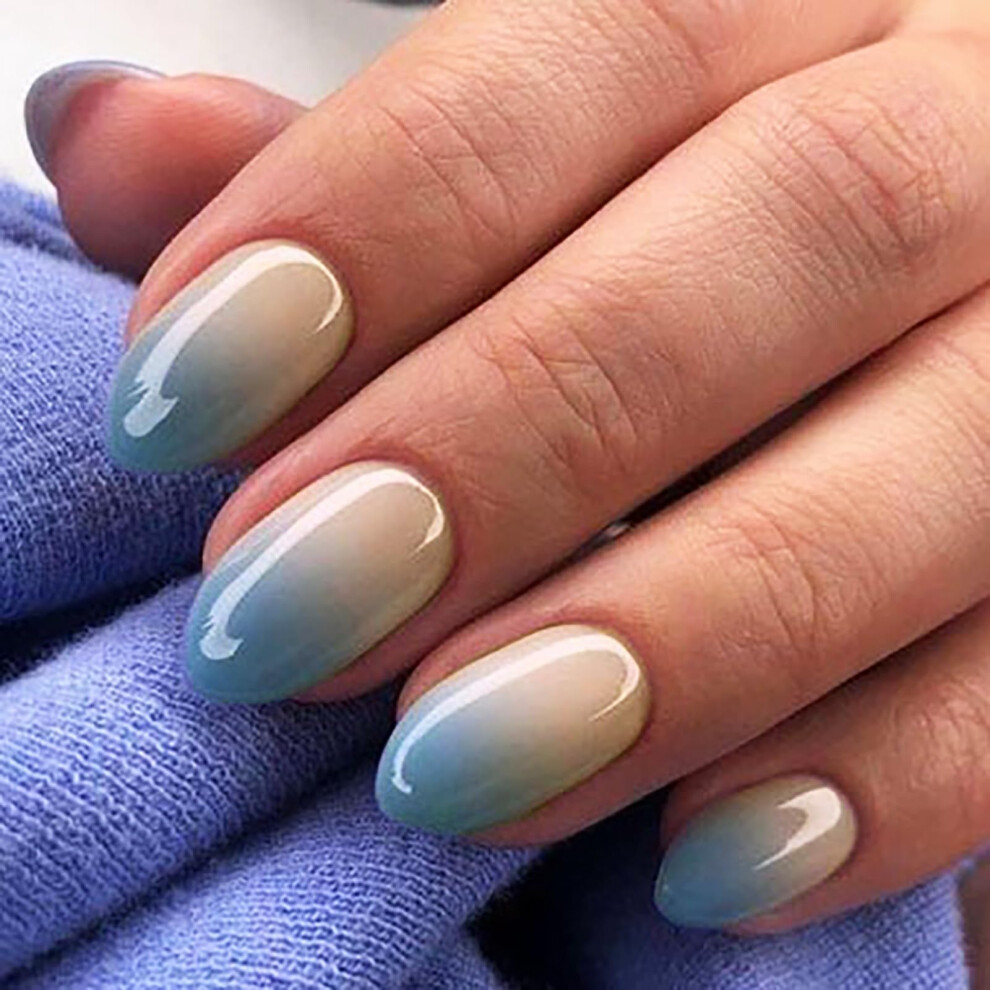 Blue French Tip Press On Nails Medium Almond Gradient Fake Nails Reusable Acrylic Nail Tips For Women