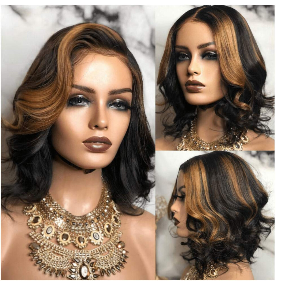 Unisex Black,Brown Highlight Brown Human Hair Lace Front Wig 13X6 Pre Plucked Curly Bob For Black Women