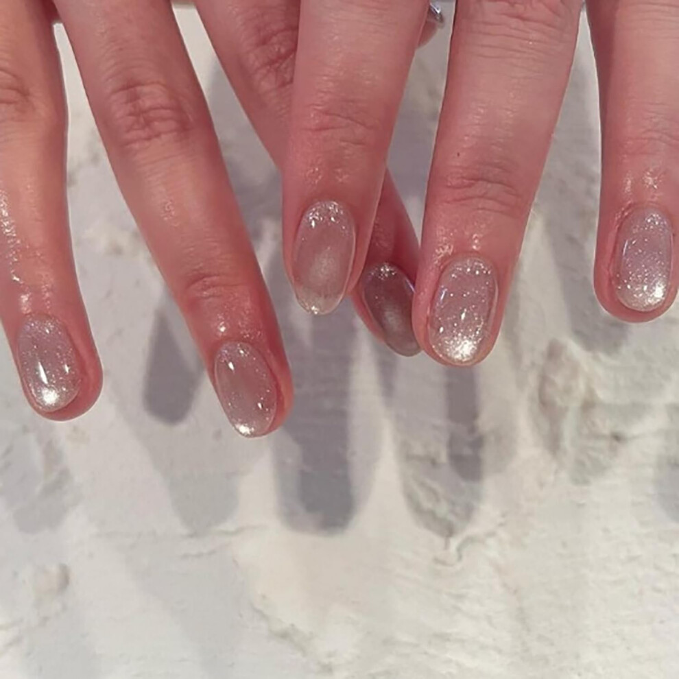 Short Press On Nails with Glue Square Nude Gray Fake Nails Cat Eye Design Reusable Nail Tips
