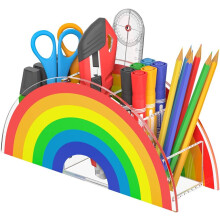 Kleurrijke regenboog bureau-organizer, levendige pennenhouder voor thuis of op kantoor, gemaakt van hoogwaardig hout met 5 aparte vakken,