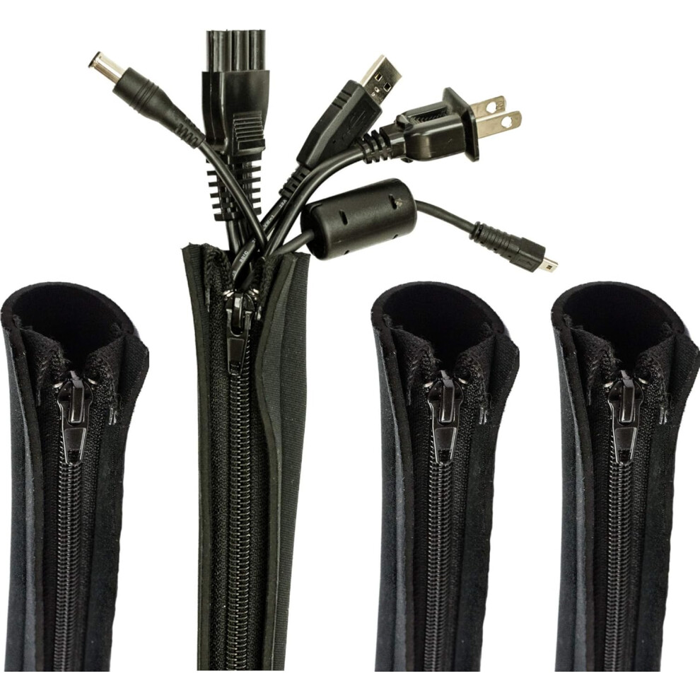 Cable Organizer Sleeve, 20 Inch Expandable Cord Concealment Wrap, Neoprene Fabric With Zipper Access For Home Office Use (4Pcs) Black 9176269575007
