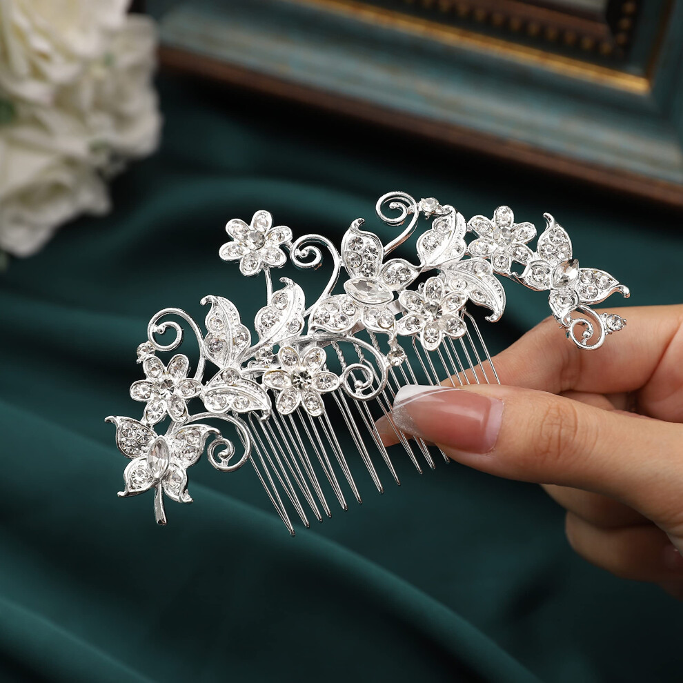 Unisex Silver Bridal Hair Accessories Wedding Hair Comb With Pearls And Rhinestones Floral Hairpiece