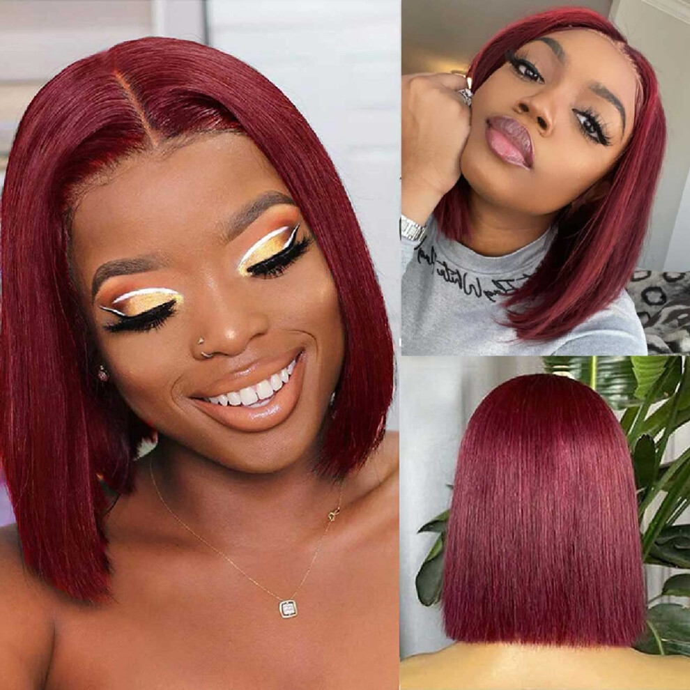Unisex Red 99J Human Hair Wig 16 Inch Straight Burgundy Lace Front Bob Pre Plucked Bleached Knots 150% Density