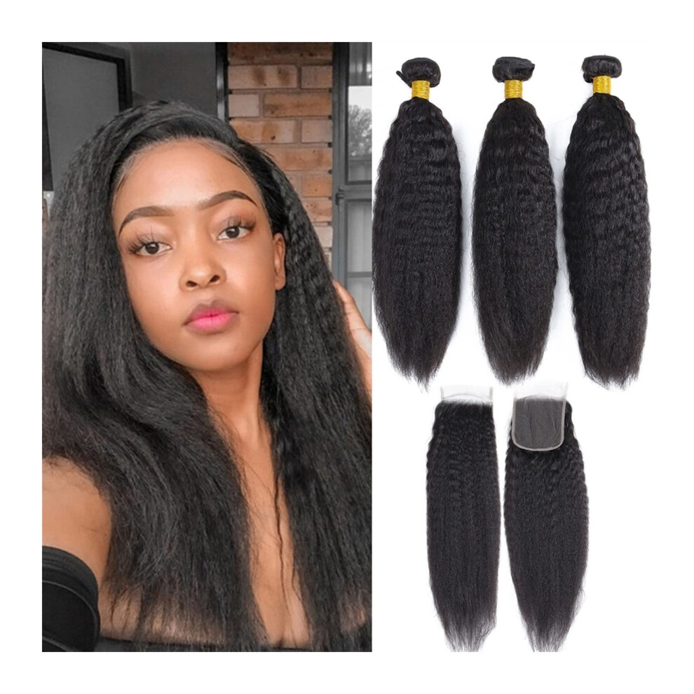 Human Hair Weave Brazilian Virgin Kinky Straight Bundles with 4x4 Lace Closure 16 Inch Natural Black