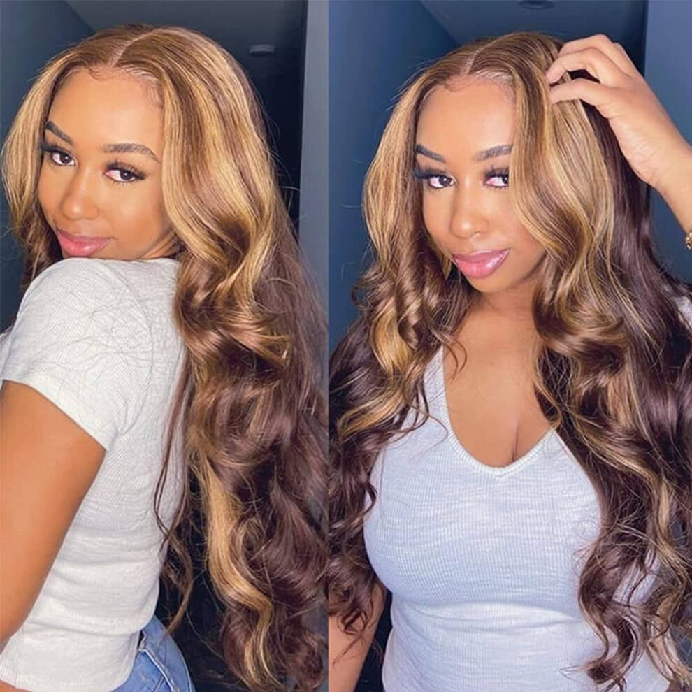 Unisex 13X4 Hd Lace Front Human Hair Wig Highlight 4/27 Brazilian Body Wave Glueless Natural Hairline 18 Inch