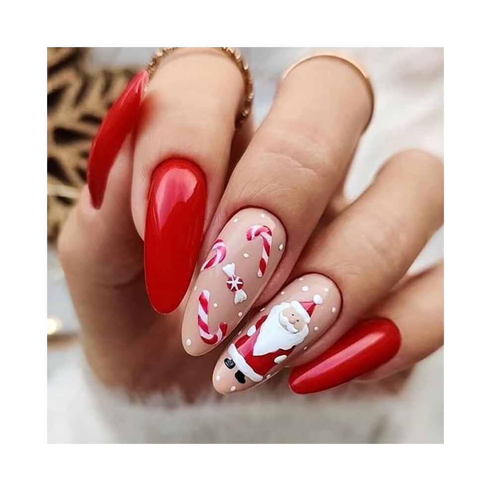 Red 24Pcs Almond Christmas Press On Nails Medium Full Cover Santa Claus Fake Nails For Women