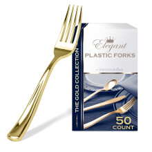 50 Gold Disposable Heavy Duty Plastic Forks, Fancy Silverware Looks Like Real Cutlery - Perfect for Events, Parties, Weddings