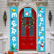 Julebannerdekorasjoner utendørs, 3 stk. god jul velkomstskilt til veranda, blått nissebanner til henging på døren til julefesten
