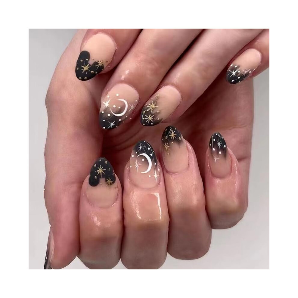 Women's French Tip Press On Nails Medium Almond Fake Nails For Reusable 24Pcs Set