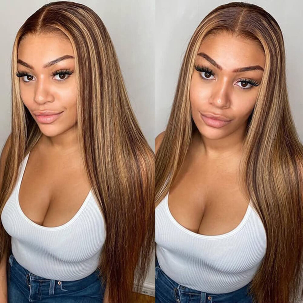 Unisex Highlight 4X4 Lace Front Human Hair Wig 150 Density 22 Inch Pre Plucked Brazilian Straight