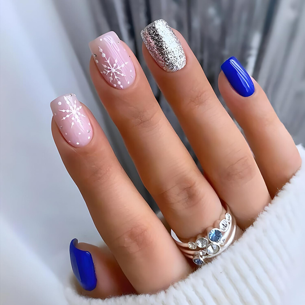 Blue Christmas Snowflake Press On Nails Set, Silver Reusable Glue On Fake Nails For Holiday Manicure 24Pcs