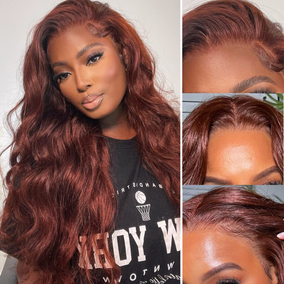 Reddish Brown 33B Body Wave Lace Front Human Hair Wig for Women Pre Plucked Middle Part 20 Inch