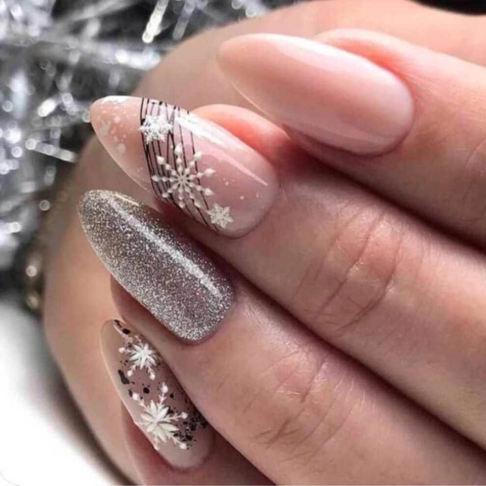 Cream Winter Snowflake Medium Almond Nude Press On Nails Reusable Holiday Acrylic Nails 24Pcs