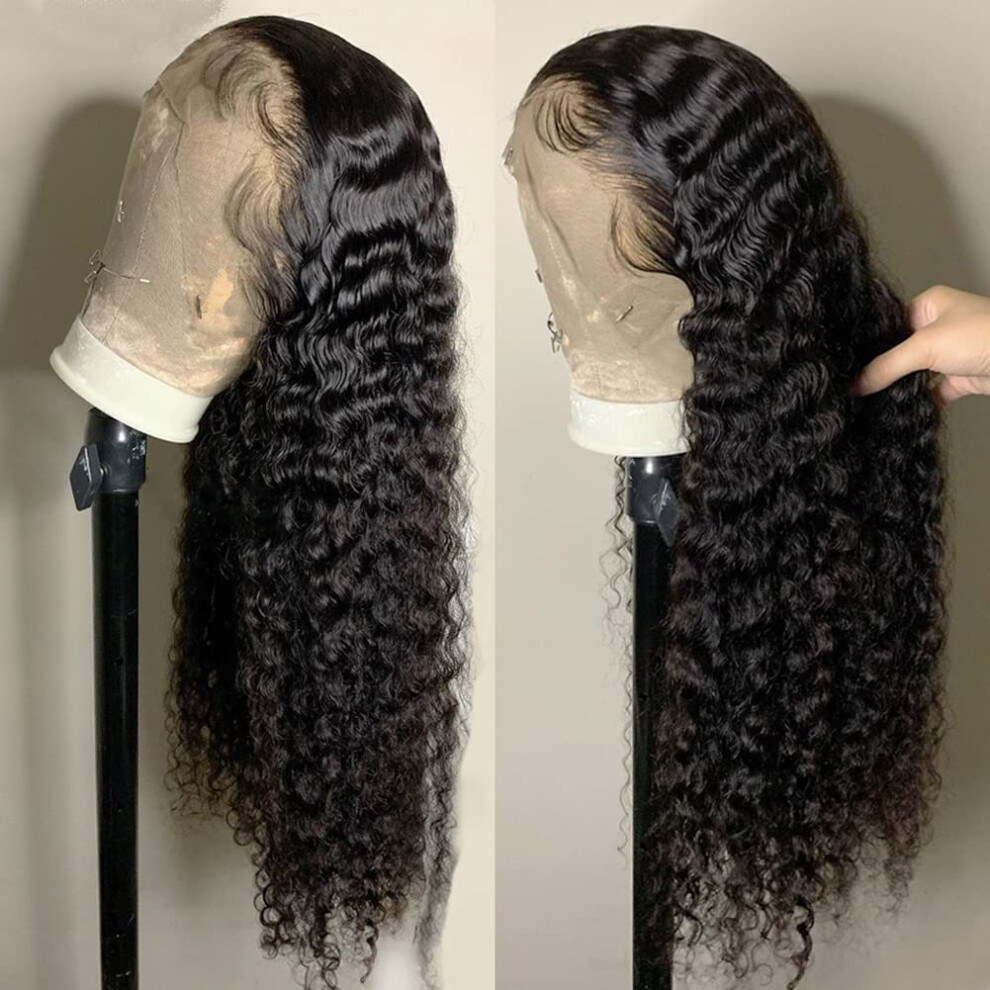 Unisex 22 Inch 13X4 Brazilian Water Wave Human Hair Lace Front Wig, Glueless Preplucked Natural Hairline