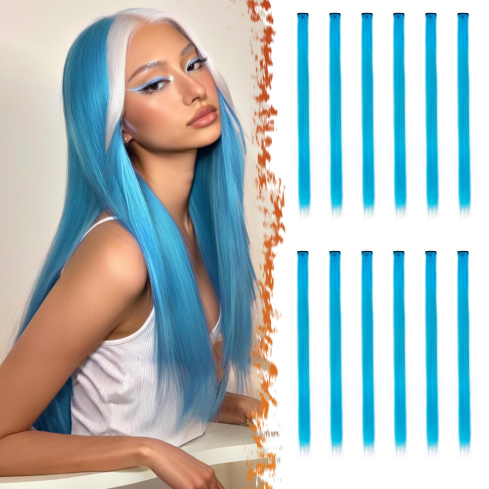 Clip In Hair Extensions Sky Blue 22 Inch Synthetic Straight Hairpieces for Women HeatResistant