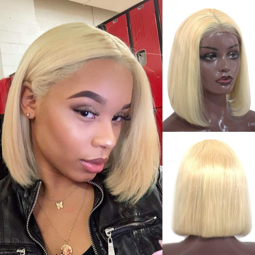 Unisex 613 Blonde Bob Human Hair Lace Front Wig Pre Plucked Glueless Brazilian Virgin Hair 12'
