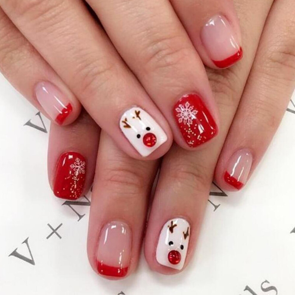 Christmas Press On Nails Short Square Fake Acrylic Tips with Snowflake and Reindeer Design 24pcs