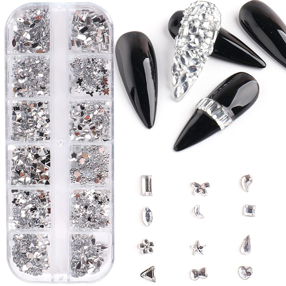 White Crystal Nail Art Rhinestones Set with Charms, 12 Grids Mixed Sizes for DIY Manicure Designs