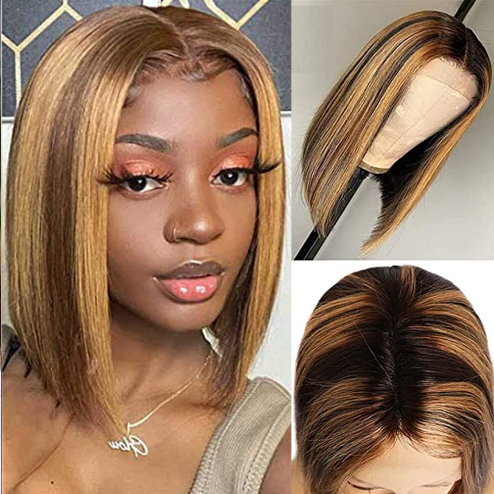 Human Hair Lace Front Wig 14 Inch Ombre Bob P4/27 Honey Blonde Brazilian T Part Natural Hairline