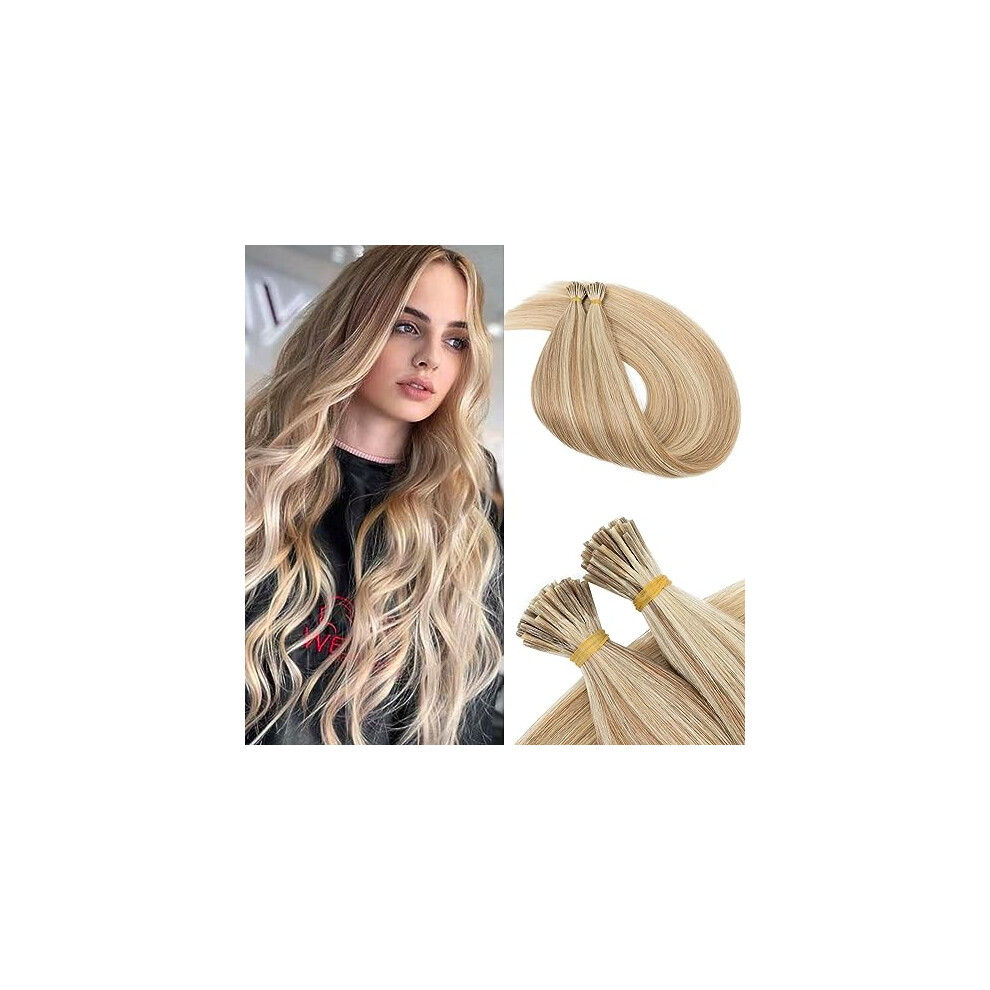 Unisex Brown I Tip Human Hair Extensions 18 Inch Golden And Bleach Blonde Highlights, 50G Pre Bonded