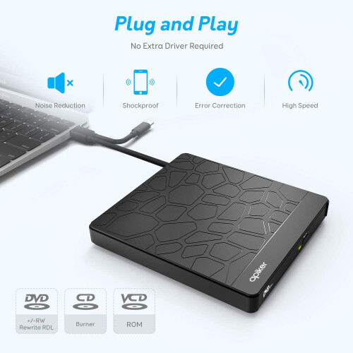 External Dvd Drive, Portable Optical Rewriter With High Speed Usb 3.0 Type C For Multi-Purpose Usage On Windows Mac Linux, Sleek And Slim Design For E 1