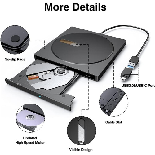 Unidade externa de Blu-ray, DVD e CD com USB 3.0 e Tipo-C, ampla compatibilidade e funções poderosas para Windows 10, Windows 8, Windows 7, Windows 1