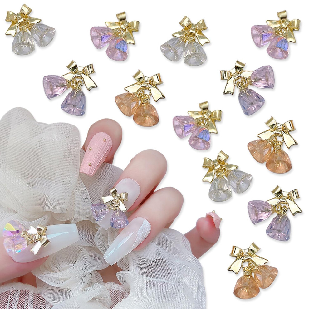 Christmas Nail Charms 12pcs Crystal Bell Bow Durable Alloy Holiday Nail Art Decorations 4 Colors