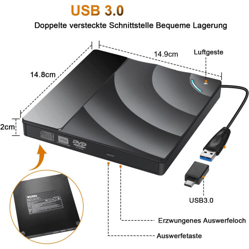 High-Speed DVD Drive, Wide Compatibility CD/DVD Burner Reader with USB 3.0 and Type-C for Laptop, Desktop, Mac, iOS, Windows, Linux 1