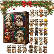 Adventskalender met wasbeer 2025, 2D acryl kerstcountdown decoratie, grappig dierenornament voor 24 dagen, humoristisch kerstcadeau voor kinderen en