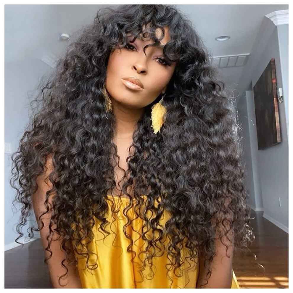 Unisex Black Water Wave Wig With Bangs For Women, Glueless Clip In Long Wavy 180 Density Synthetic Wig