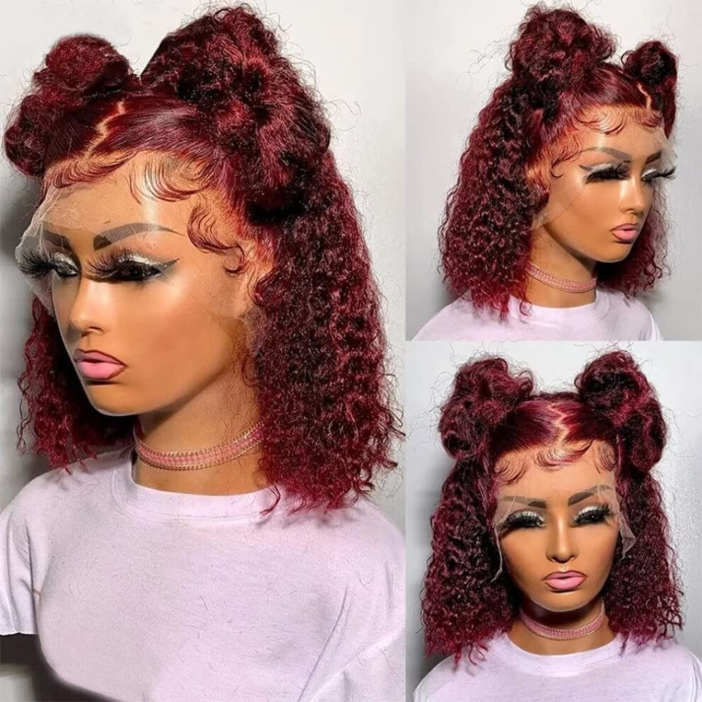 16 Inch Burgundy Lace Front Wigs Human Hair Pre Plucked 13x6 Brazilian Curly Wig for Women