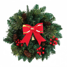 Couronne de Noël ronde de 30 cm, verte, ornée de pommes de pin et de baies rouges. Décoration festive pour les fêtes de fin d'année, idéale