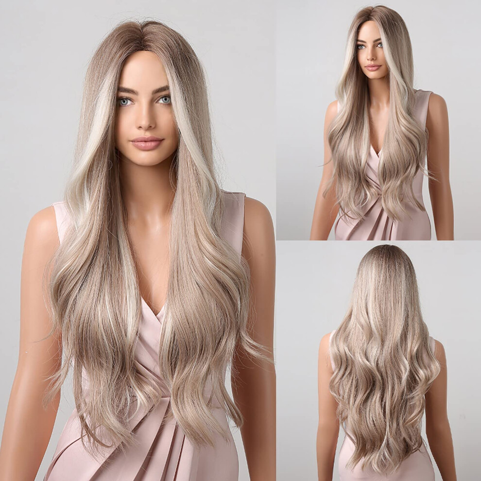 Long Blonde Body Wave Wig 27 Inch Heat Resistant Synthetic Fibers with Middle Part for Women