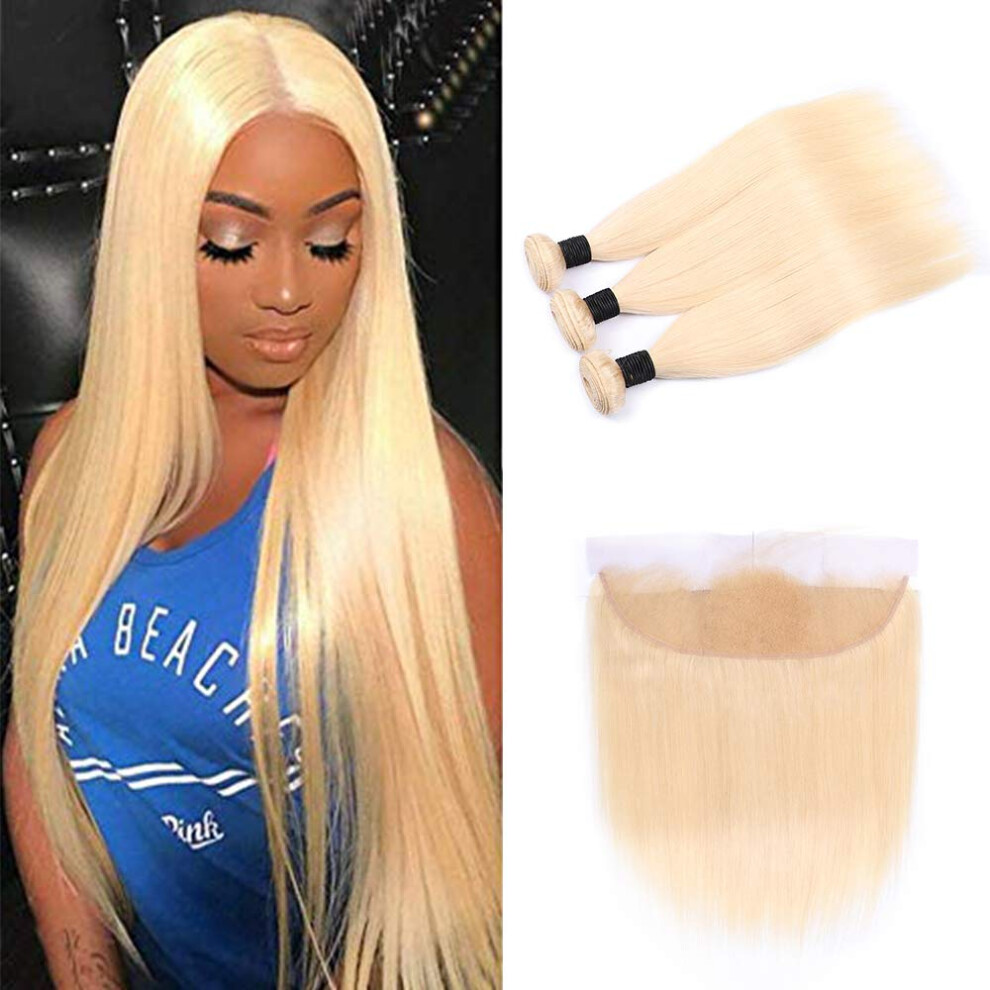 Unisex 613 Blonde Human Hair Bundles With 13X4 Lace Frontal 8A Brazilian Straight Virgin Hair Extensions