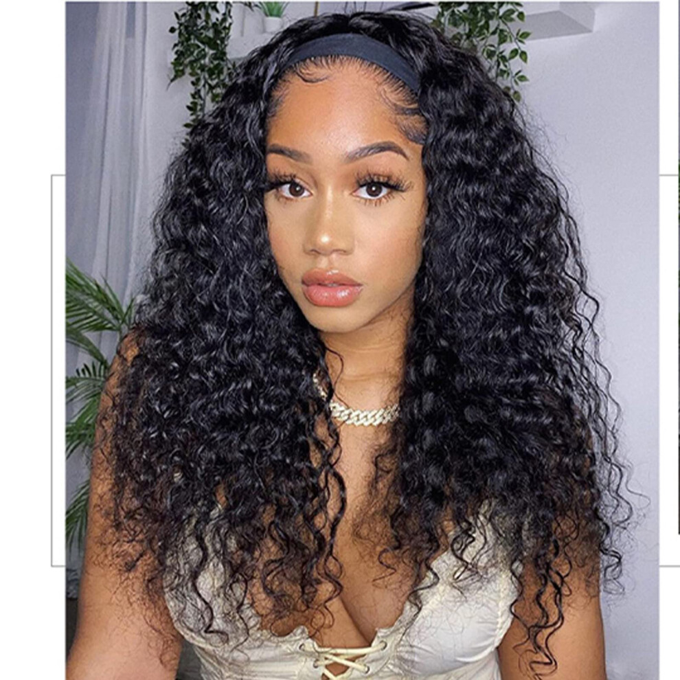 Unisex Black Human Hair Headband Wig Short Kinky Curly Pixie Cut Glueless For Women Natural Volume