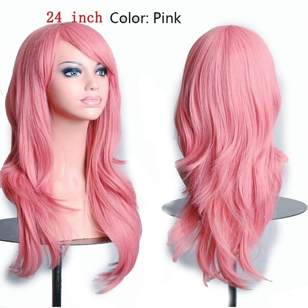 Unisex Pink,Brown Long Wavy Synthetic Wig Ombre Brown Pink 24In Heatresistant Cosplay Loose Wave Lace Wig