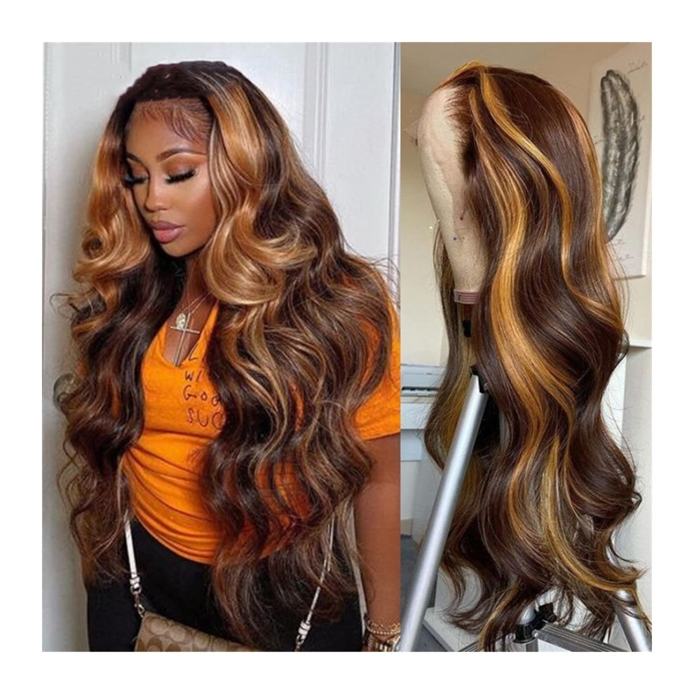 Unisex Brown 28 Inch Brazilian Body Wave Lace Front Human Hair Wig Ombre Honey Blonde Highlight Pre Plucked Natural Hairline