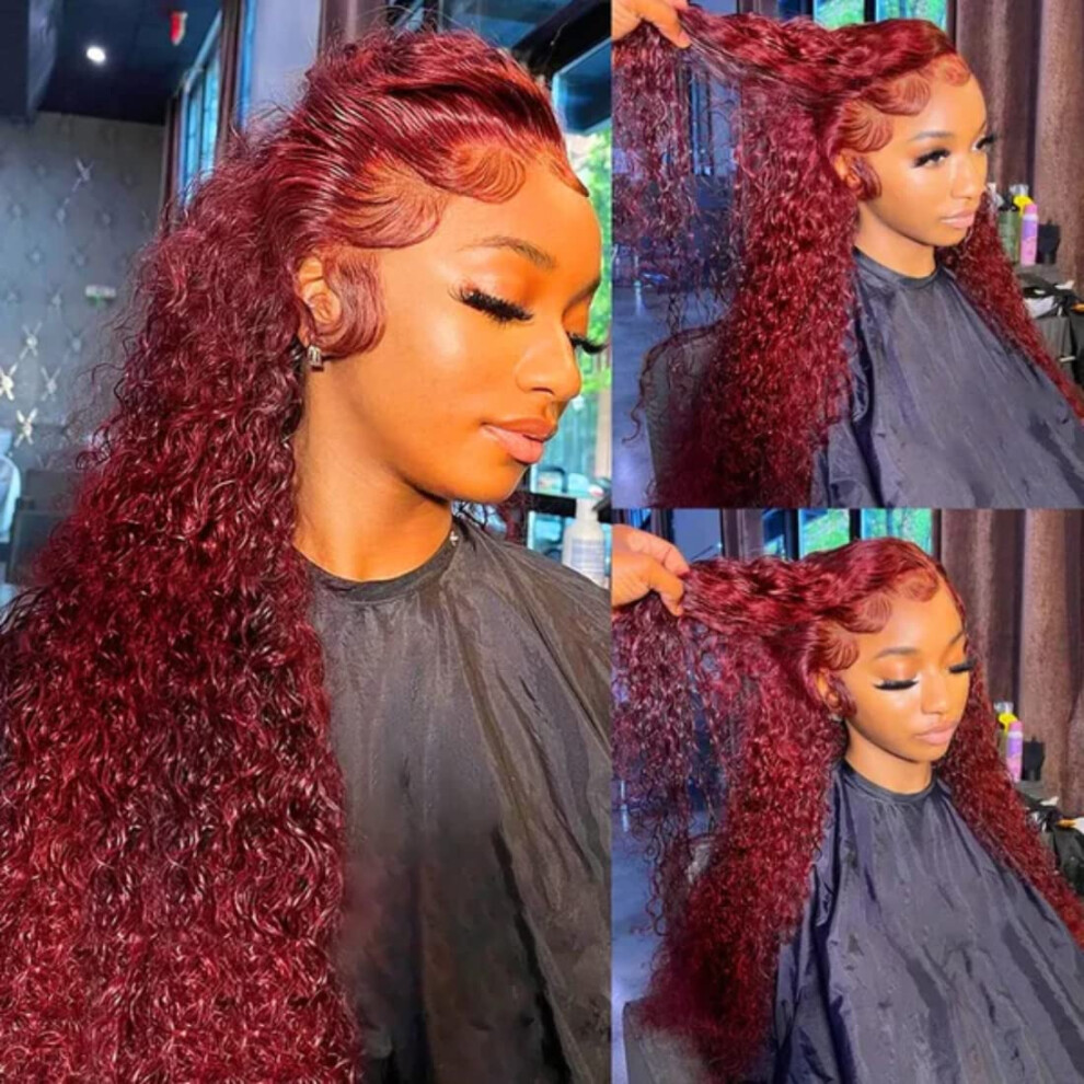 Unisex Red Burgundy 99J Lace Front Human Hair Wig Jerry Curl 22Inch Pre Plucked With Baby Hair Natural Hairline