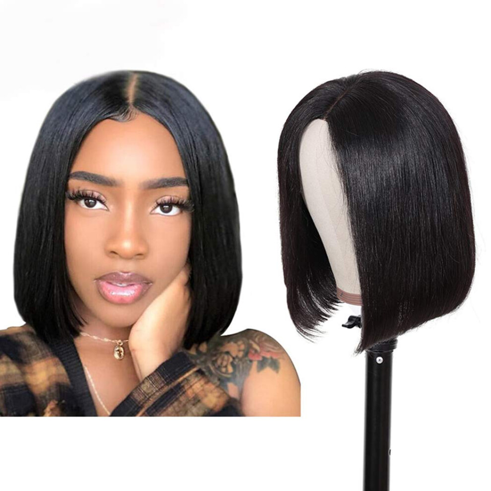 Unisex Black Brazilian Human Hair Wig 10 Inch Glueless Lace Front Bob Natural Hairline For Women