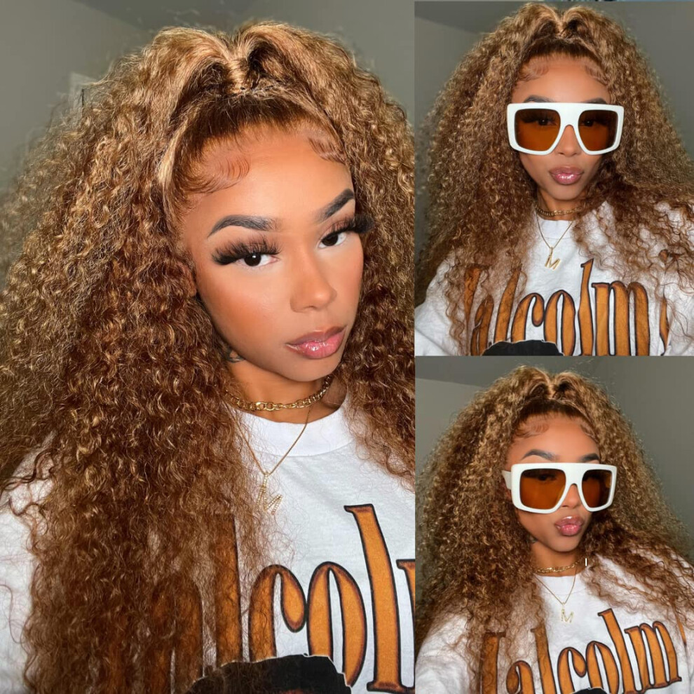 Unisex Honey Blonde Lace Front Wig 24 Inch Curly Ombre Highlight Brazilian Remy Human Hair Preplucked 150%
