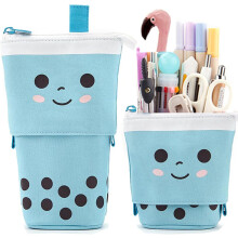 Uitschuifbare etui/pennenhouder, uniek pop-up flesontwerp met rietje voor kantoor, school en reizen, gemaakt van canvas met bubble tea-print, in