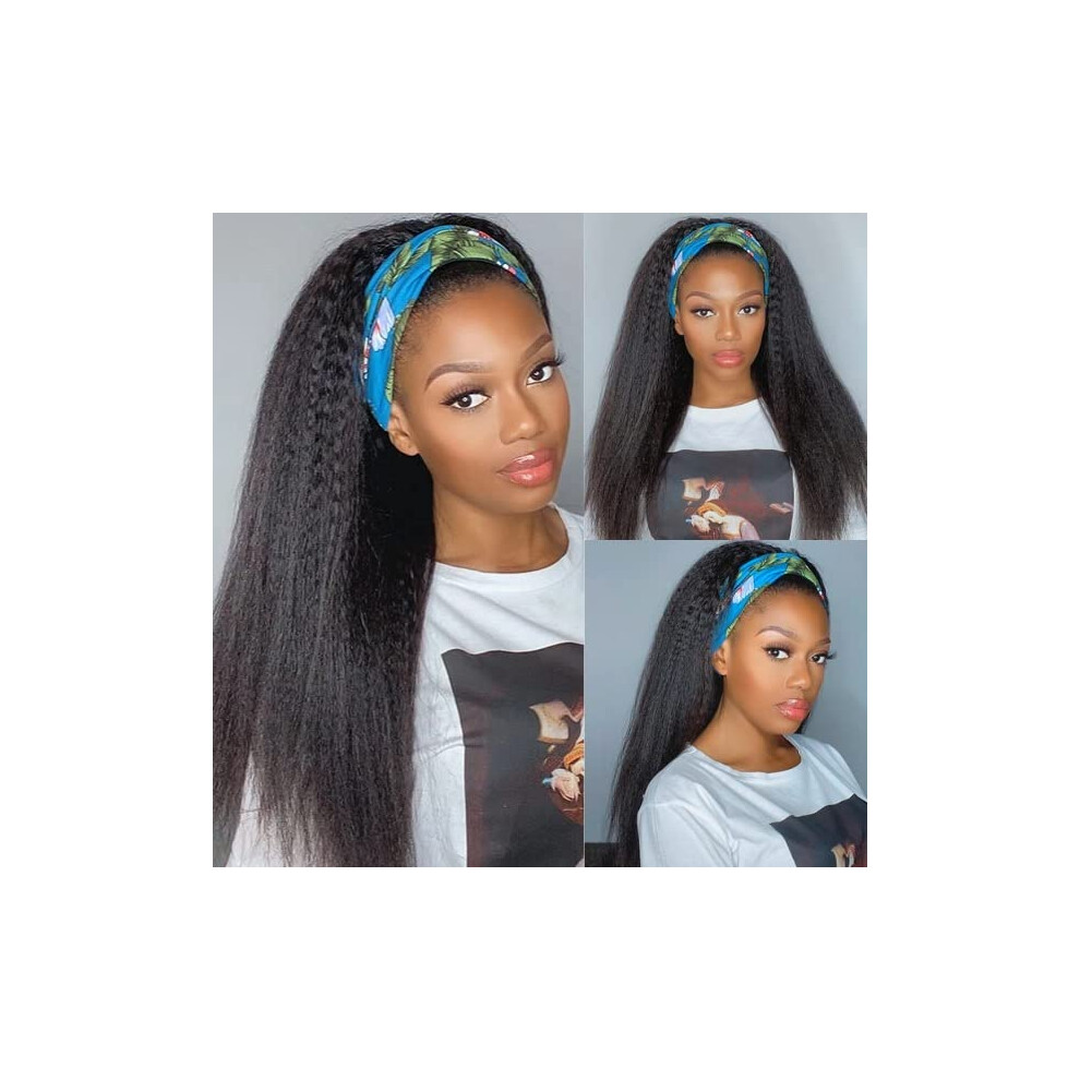 Unisex Black Kinky Straight Headband Wig For Women Yaki Straight 16 Inch Natural Look Easy Wear