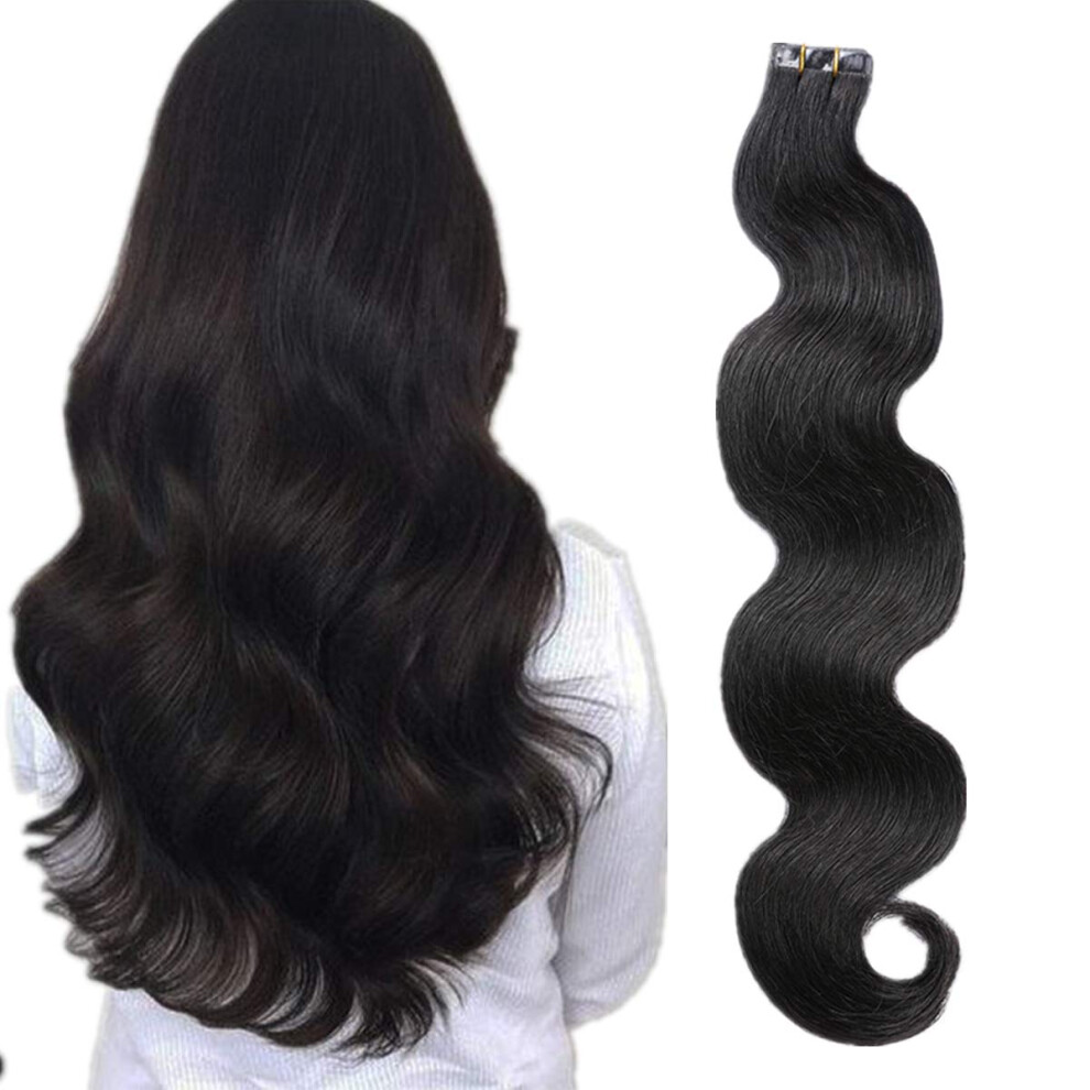 Unisex Black 24 Inch Tape In Remy Human Hair Extensions Off #1B Wavy Seamless Invisible Tabs 20Pcs 70G