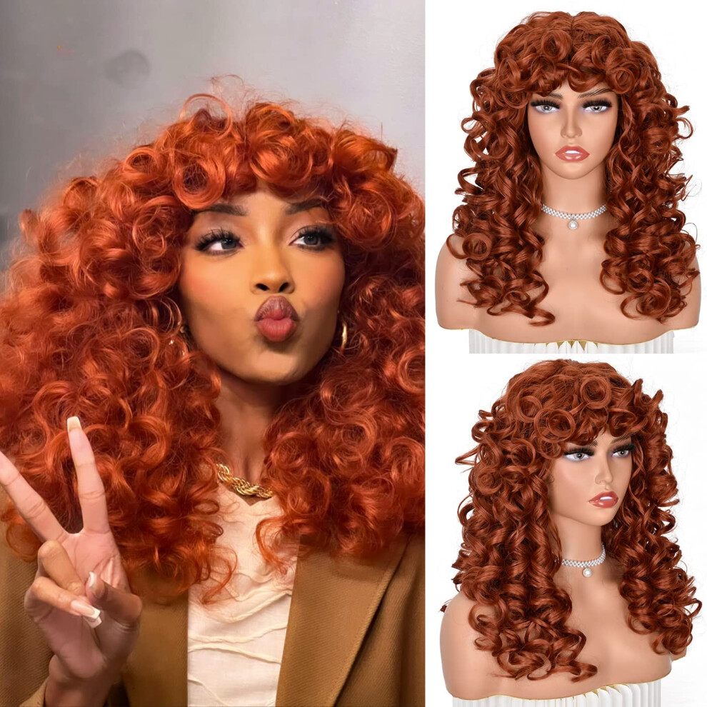 Unisex Black Copper Curly Wig For Women Long Afro With Bangs Synthetic Big Bouncy Volume For Daily Wear
