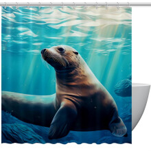 Cuirtín Cithfholcadáin Sea Lion Cuirtín Seomra Folctha Uiscedhíonach le Grommets agus Crúcaí Cuirtíní Cithfholcadáin 60" x 72"