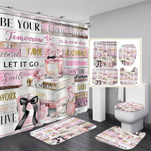 Juego de 4 piezas de cortina de ducha rosa con estampado floral, alfombras y accesorios, compatible con la decoración del baño, frases